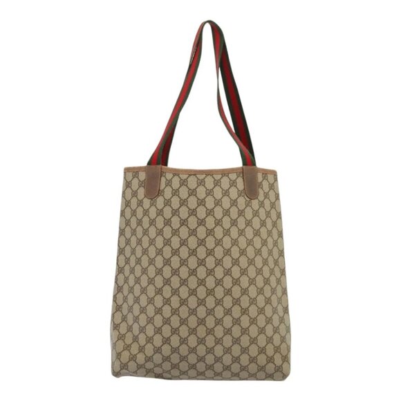 GUCCI GG Supreme Web Sherry Line Tote Bag PVC Leather Beige Auth 89625 - Picture 2 of 16
